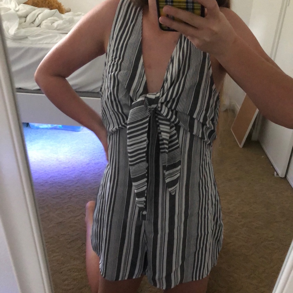 Gray and White Striped Tie-Front Button-Up Romper